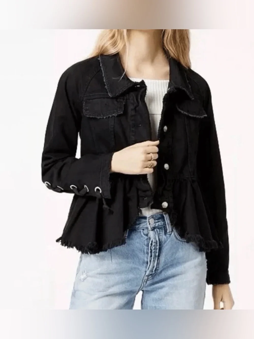 Free People Willow Black Denim Jacket Peplum Raw Hem Lace Up Cuff Military